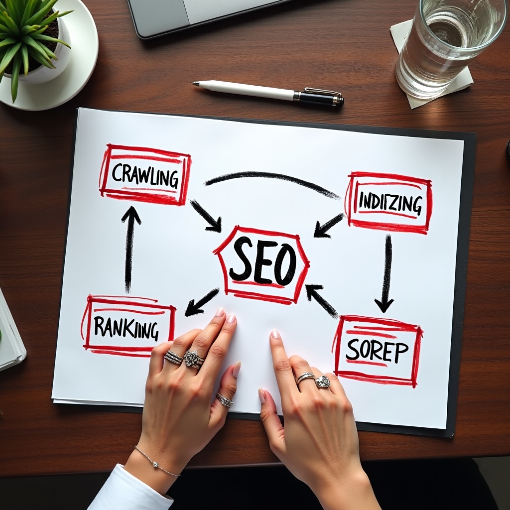 Diagram podstaw SEO i działania wyszukiwarki